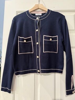 Aurra Navy Contrast-Trim Cardigan Sweater